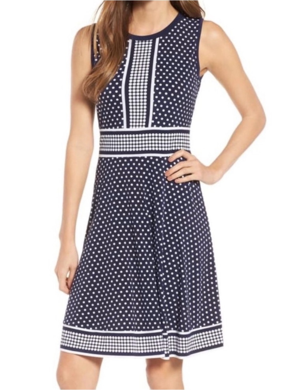 MICHAEL Michael Kors Navy and White Polka Dot Sleeveless Midi Dress